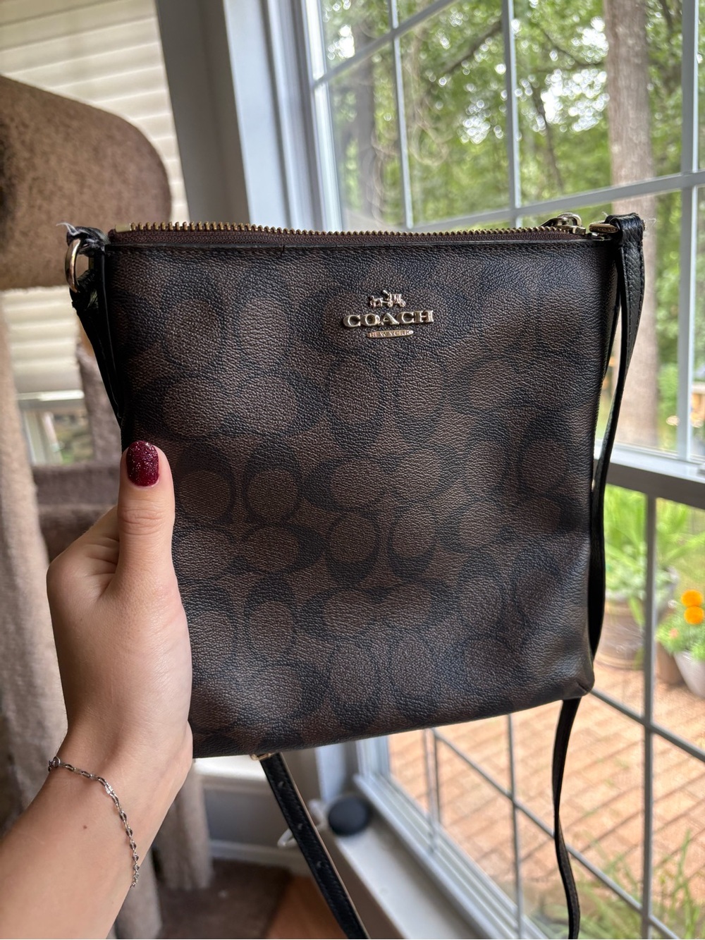 Coach F35940 North South Dark Brown Signature Crossbody Bag